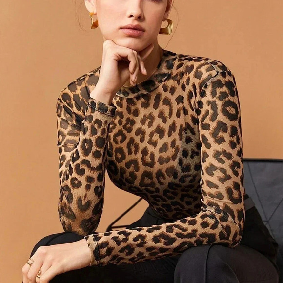 Brown Casual Women's Leopard Print Mesh Top - Picture 10 of 10